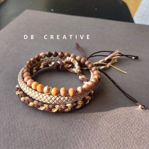 New men's jasper stone with faux leather and hand woven 3 pieces set bracelet